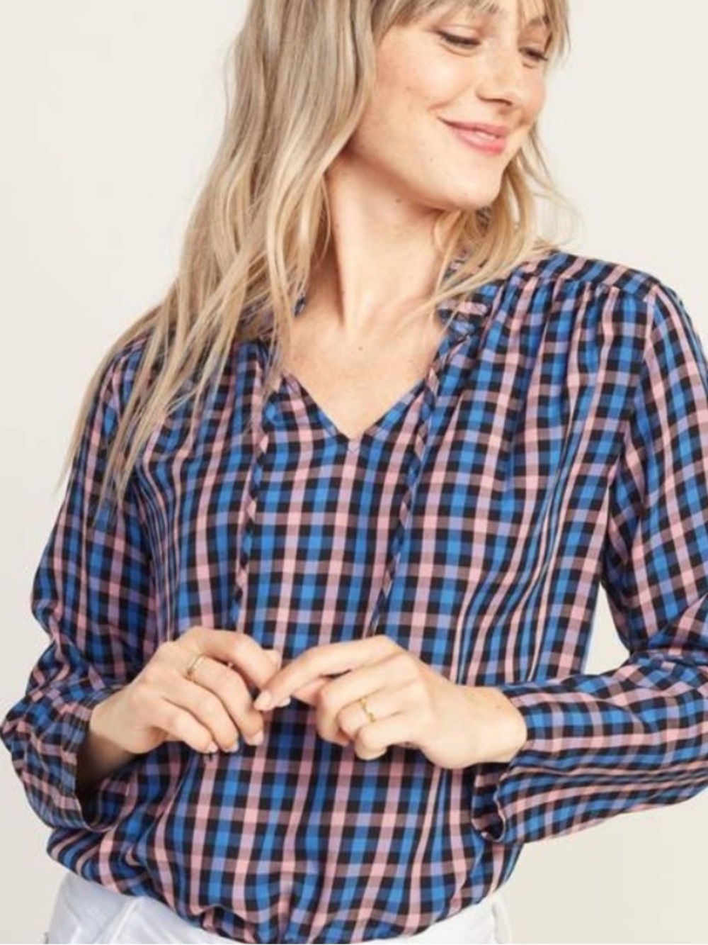 Old Navy Long Sleeve Mandarin Collar Top Pink Blue Plaid NWT